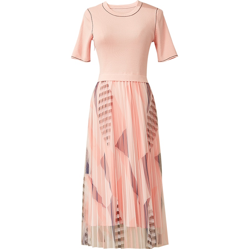 欧昵雪夏季短袖圆领针织拼接高腰花色纱假两件连衣裙女