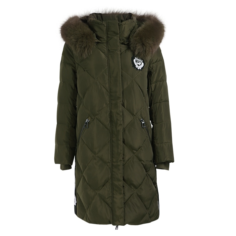 晩白 新品纯色中长款狐狸连帽90白鸭绒羽绒服大衣外套女