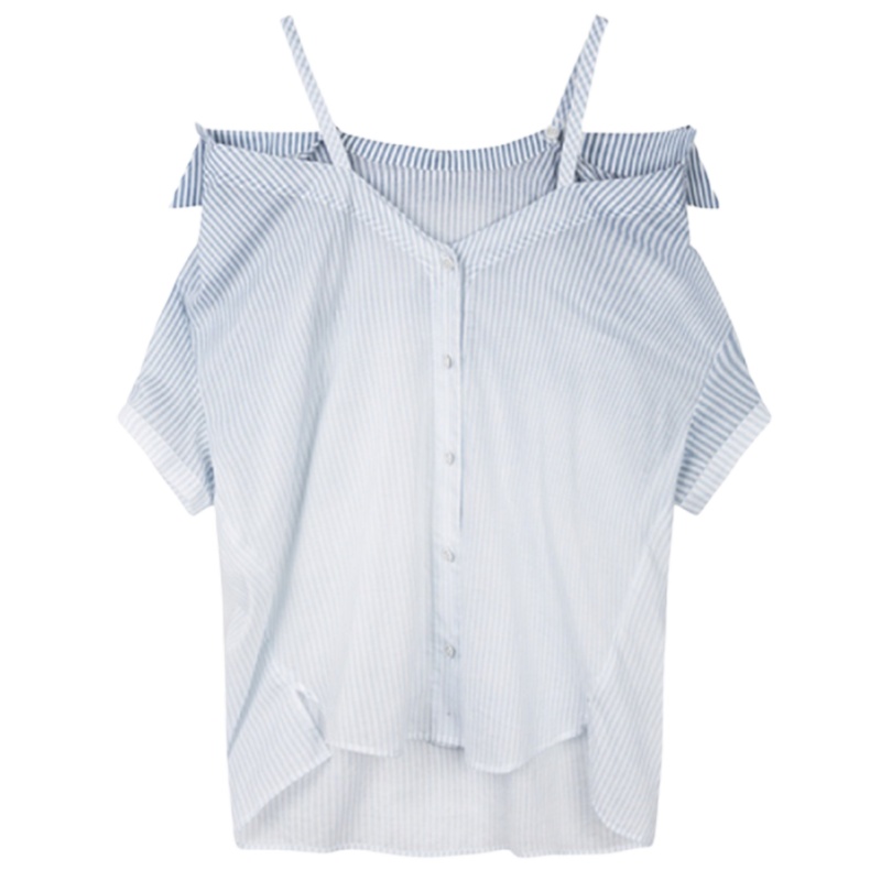 【专柜同款】拉夏贝尔夏韩版百搭宽松吊带衬衫女条纹不规则漏锁骨上衣10018505
