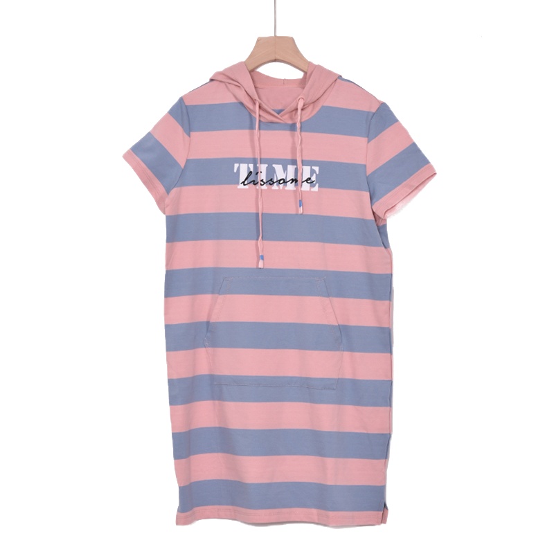 A&D学院风连帽中长款拼色条纹短袖T恤