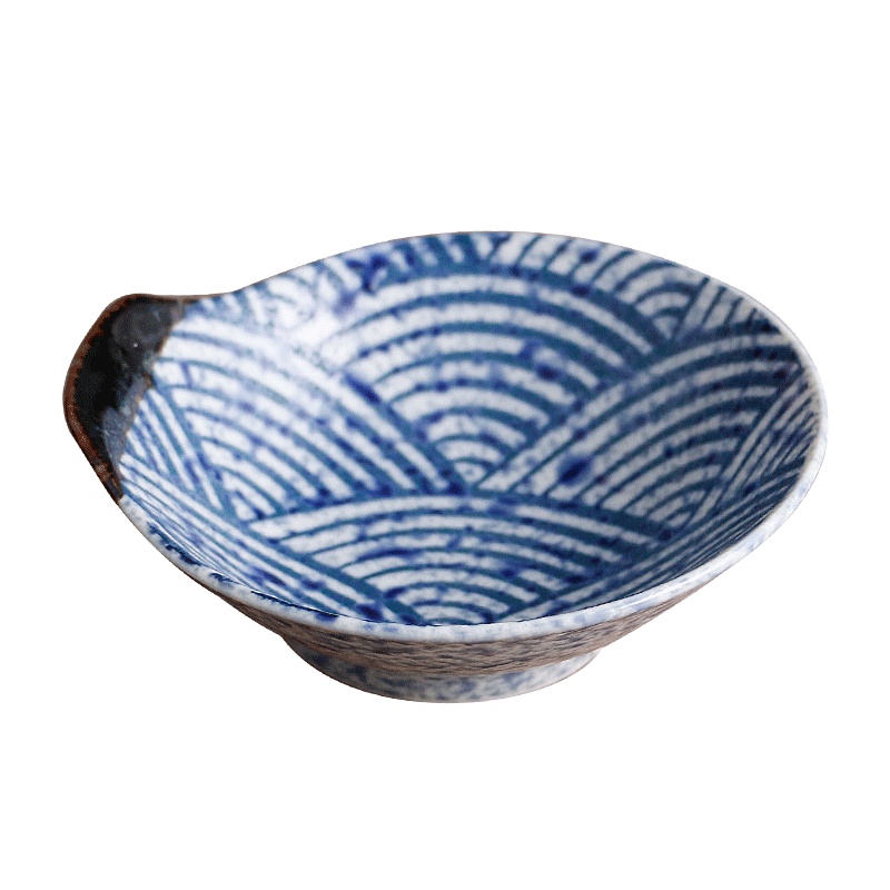 苏宁极物 日本进口爱悦烧青海波釉下彩碗盘碟日式鱼盘和风长方盘陶瓷餐具套装家用(青海波12厘米蘸料碟)