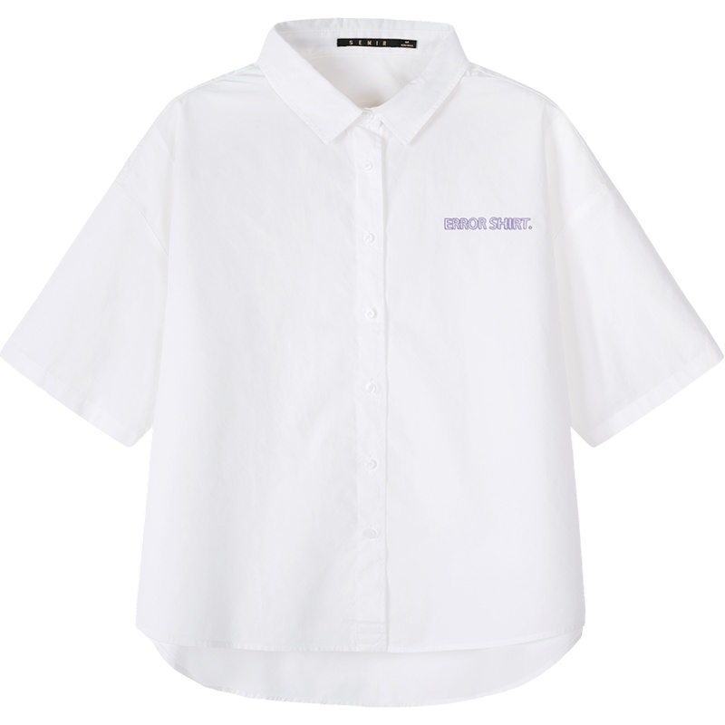 【满198减100预估价：30】Semir森马中袖衬衫女2019夏季新款翻领宽松优雅少女设计感字母刺绣