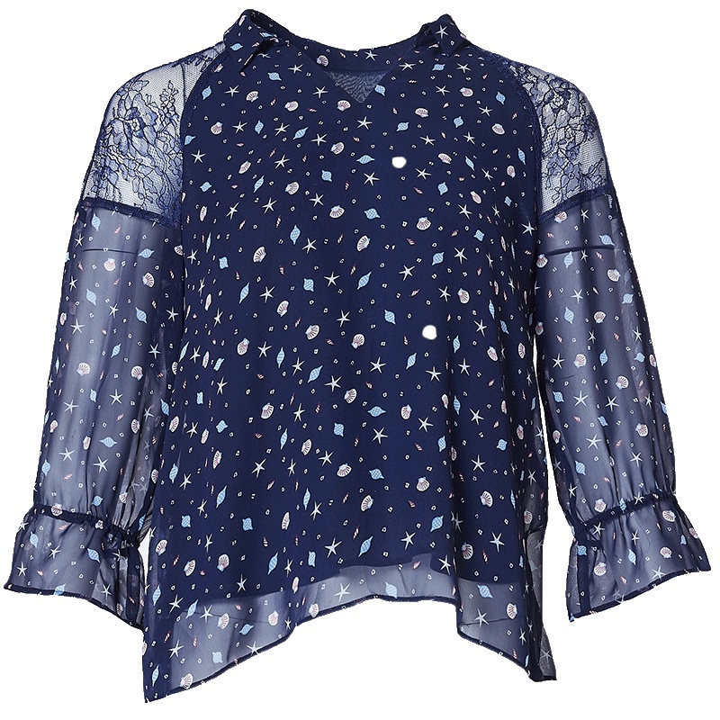 LIEDOW/蕾朵时尚气质雪纺衫2019新款女夏网纱百搭蕾丝打底衫上衣