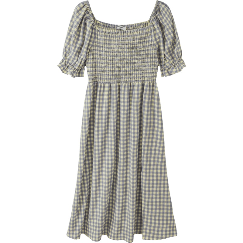 OtherMix格子公主袖连衣裙女2021年夏季新款法式设计感松紧腰裙子