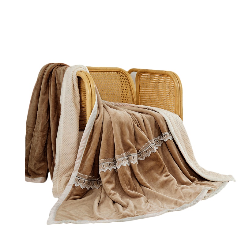 北极绒(Bejirog)家纺 秋冬加厚双层复合贝贝绒毛毯 蕾丝简约纯色单双人珊瑚绒法莱绒毯子