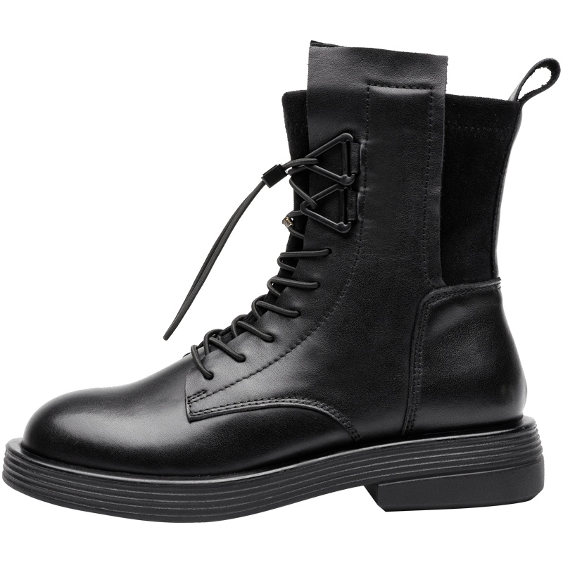 马克华菲马丁靴女秋冬真皮新款百搭帅气高帮鞋系带瘦瘦靴弹力靴