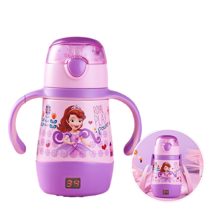 迪士尼双耳两用儿童保温杯带吸管智能显温水杯便携 幼儿园婴幼儿宝宝吸管杯可爱真空保温儿童学饮杯温度显示-粉色苏菲亚
