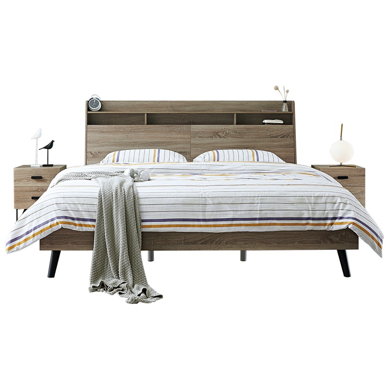 全友家居 双人床免漆橡木纹 现代北欧简约大床储物床屏 卧室板式框架家具106306C