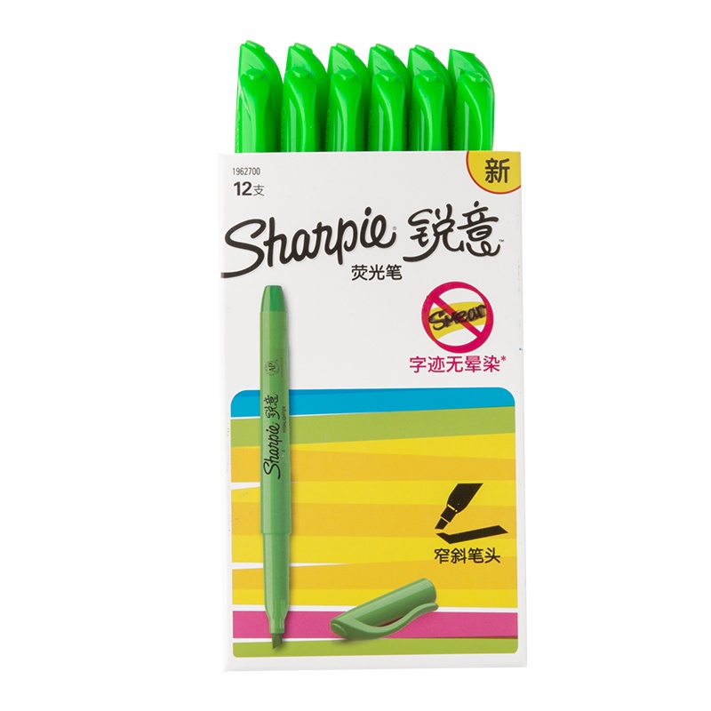 Sharpie 锐意荧光笔窄斜笔头绿色12支纸盒装