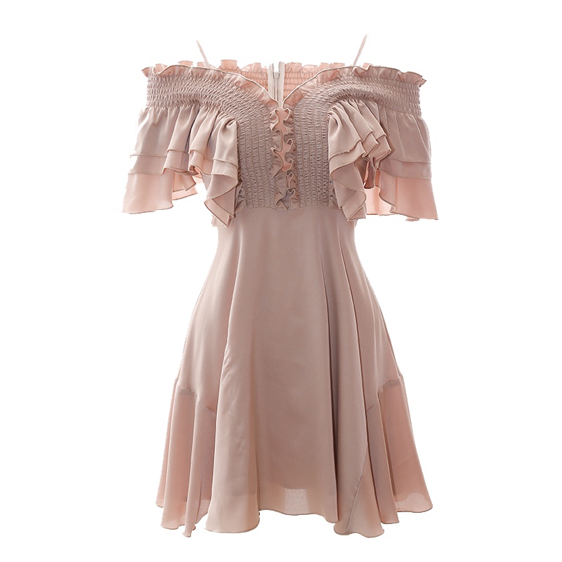 裙子2019新款夏名媛气质V领木耳边荷叶袖收腰A摆连衣裙女