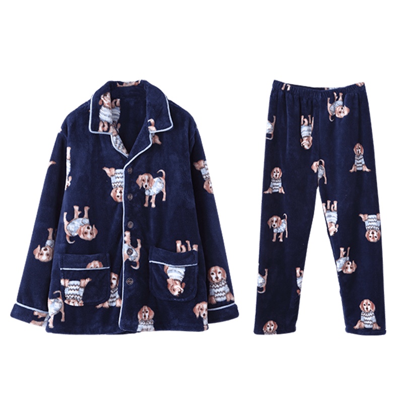双面珊瑚绒印可爱狗长袖男套装