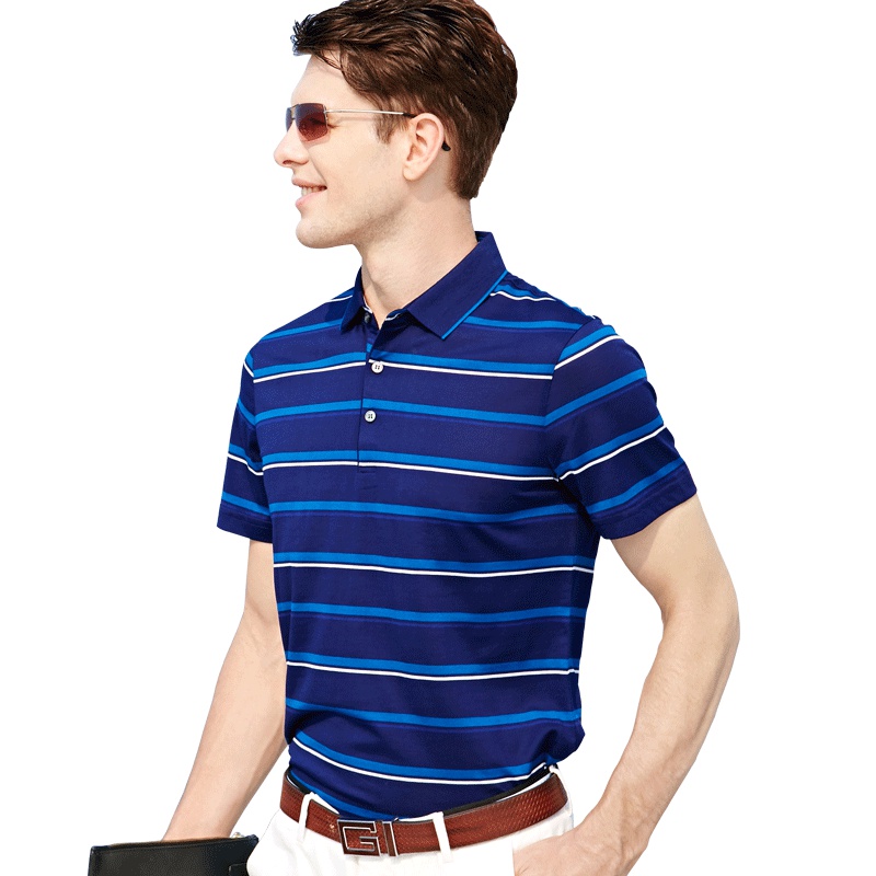 JOW/乔沃桑蚕丝短袖T恤男士休闲条纹翻领中年冰丝polo衫