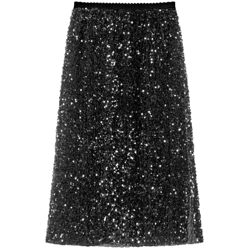 【年会系列】OtherMix黑色亮片半身裙女2021春季新款开叉中长裙子