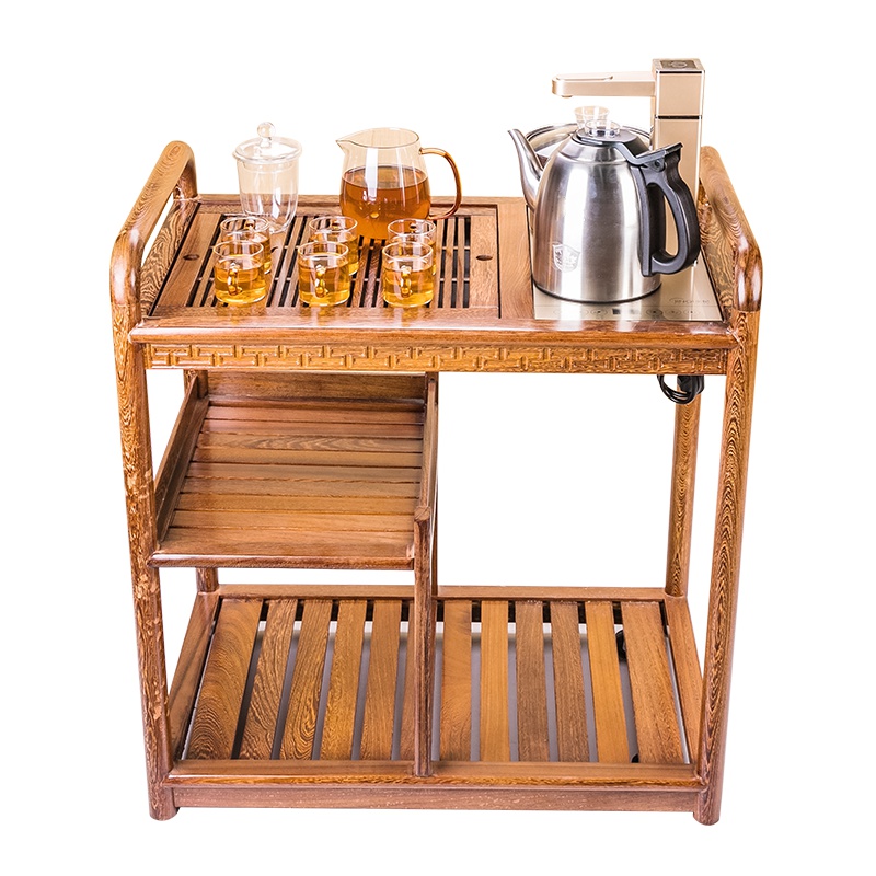 金杞(JINQI) 整套茶具茶桌全自动上水电热水壶便捷式带轮古典黑鸡翅移动实木茶车中式木雕茶艺桌202B款套装