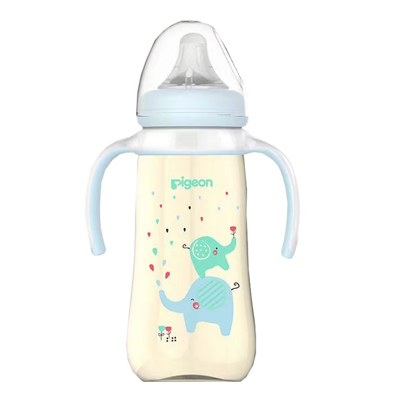 贝亲双把手自然实感宽口径PPSU彩绘奶瓶330mL蓝-L号奶嘴 AA170