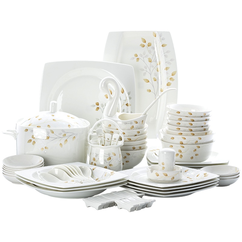 富昱景 餐具碗碟套装盘碟家用欧式景德镇陶瓷碗碟盘组合送礼套装 68件秋之韵