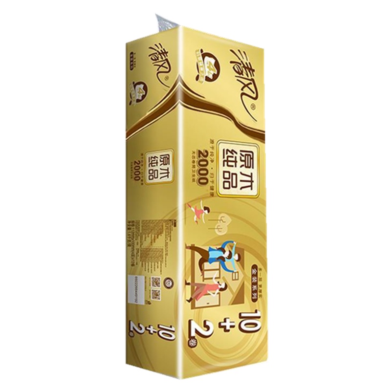 清风无芯卷纸原木金装4层2000g12卷无芯卷卫生纸家庭实惠装母婴卷纸厕纸手纸