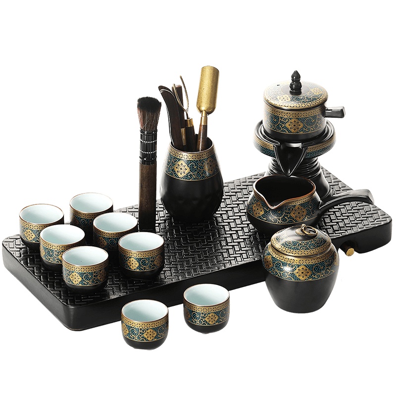 領藝 古韵懒人功夫茶具套装家用小套带茶盘陶瓷自动泡茶器中式茶礼 [礼盒装]古韵自动13头配墨雪