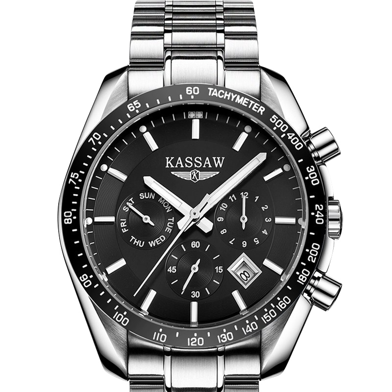 卡梭(KASSAW)手表男士自动机械表时尚多功能运动钢带男表防水夜光大表盘军表K806GK805GK851G