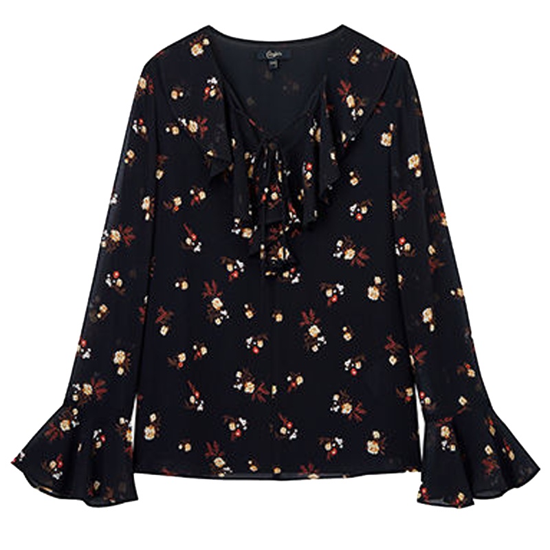 拉夏贝尔candie’s春季韩版气质宽松荷叶边百搭碎花雪纺衫30083111