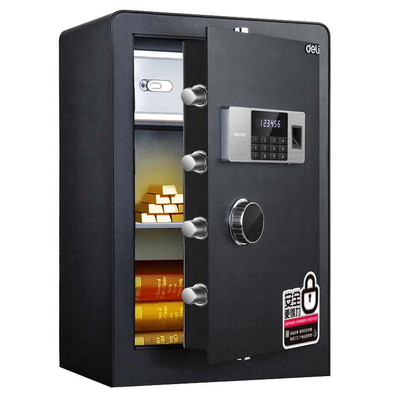 得力deli4106指纹保管箱家用小型 60cm电子密码保管箱床头入墙防盗办公保险箱指纹款黑色