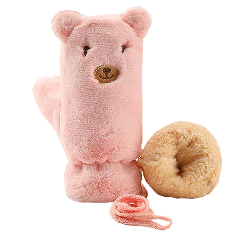 儿童毛绒保暖小熊连指手套冬季户外大童玩雪可爱造型挂脖束口手套