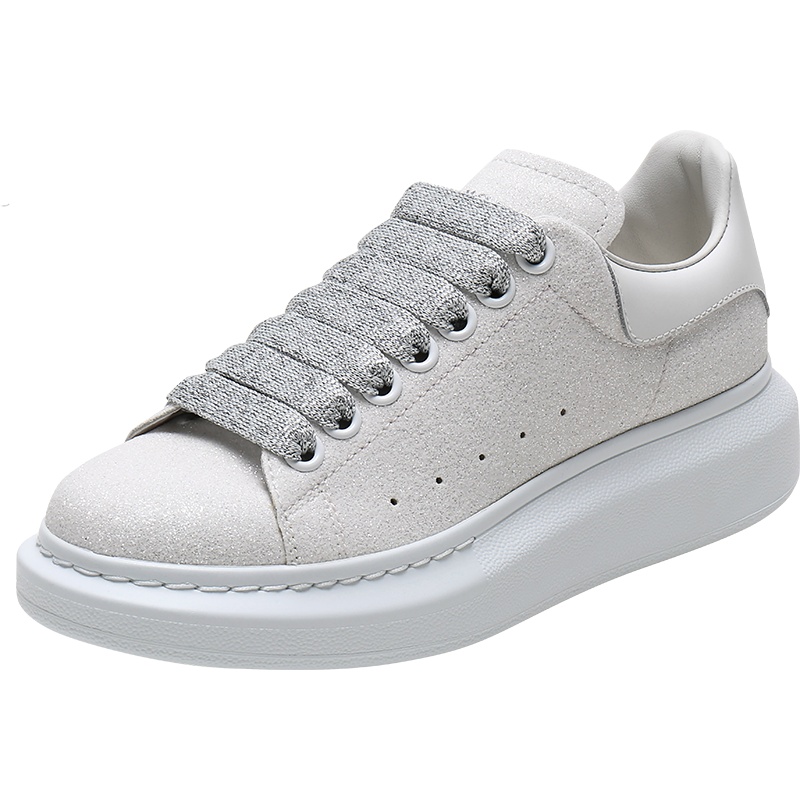 亚历山大·麦昆 女款闪光面料配皮系带阔型运动鞋小白鞋 558944 W4LV1