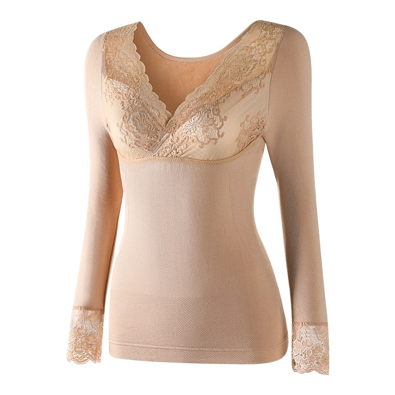 俞兆林蕾丝V领双层保暖内衣女秋衣打底衫韩版外穿美体修身长袖冬