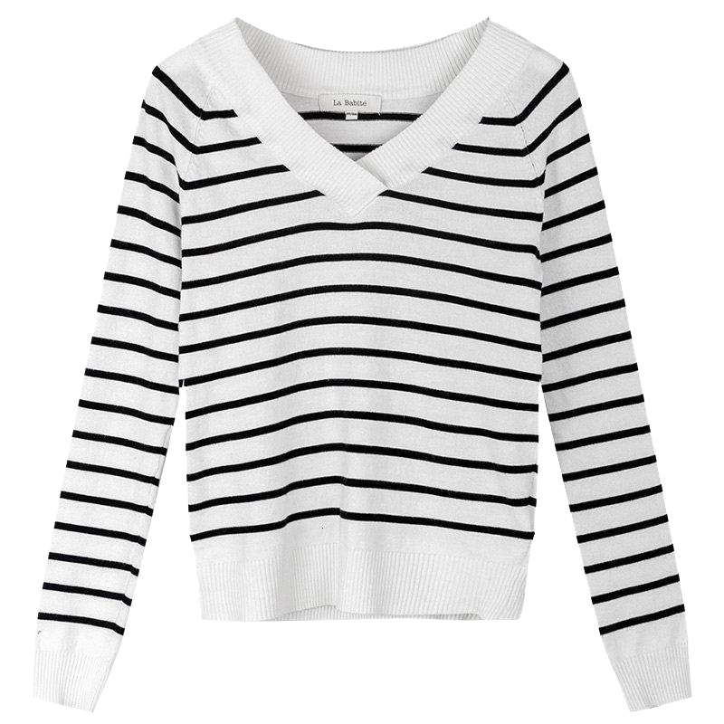 拉夏贝尔 拉贝缇针织衫女秋冬毛衣女新款毛衣打底学生修身上衣条纹60006031
