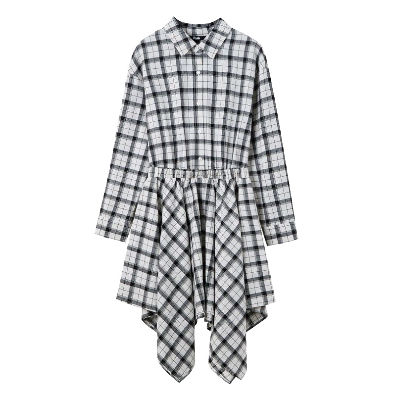 新款拉夏贝尔韩版收腰气质中长长袖衬衫裙短裙女人味格子连衣裙女2T000851