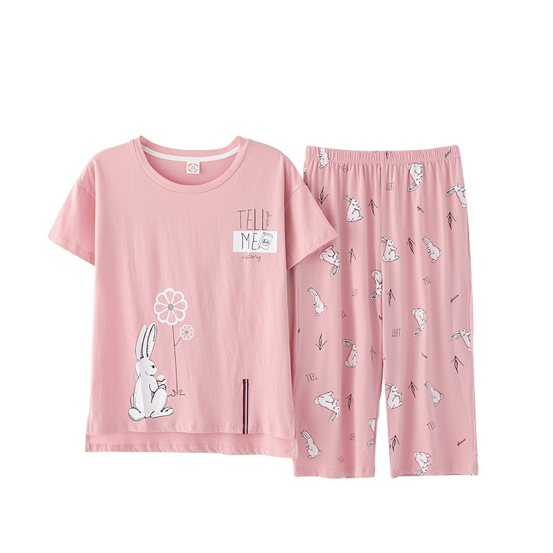 浪莎女夏季短袖七分裤棉质韩版休闲可爱白兔薄款可外穿家居服套装