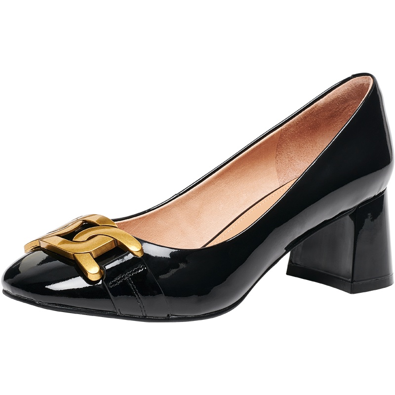 百田森2021秋季新款圆头高跟鞋时尚钱串扣女粗跟单鞋漆皮浅口鞋女