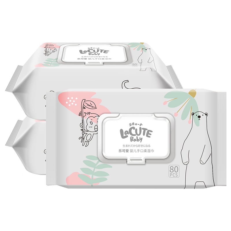 乐可爱婴儿手口带盖柔湿巾80PCS*3包 新生儿初生儿幼儿宝宝儿童加厚湿纸巾