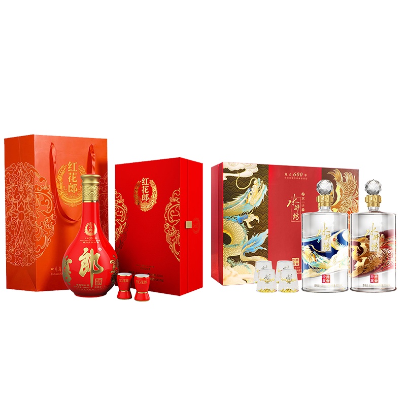 郎酒红花郎15礼盒装53度酱香型白酒500ml*1瓶+水井坊井台珍藏龙凤礼盒53度500ml*2瓶浓香型白酒组合装
