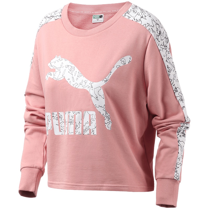 PUMA彪马女装T7花纹圆领休闲短款运动套头衫针织卫衣595906