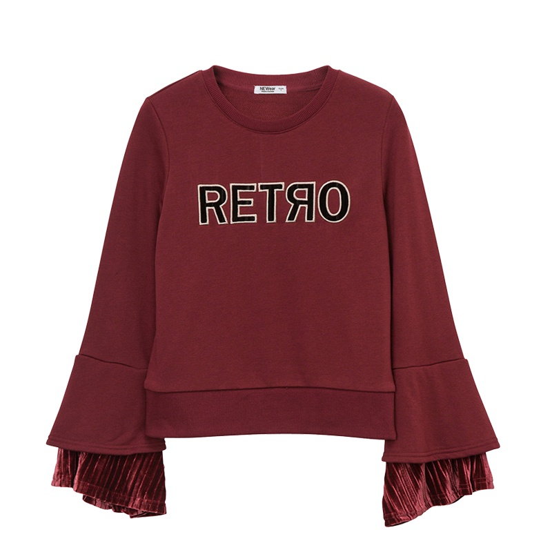 美特斯邦威港风卫衣女丝绒复古冬装打底衫百搭喇叭袖上衣