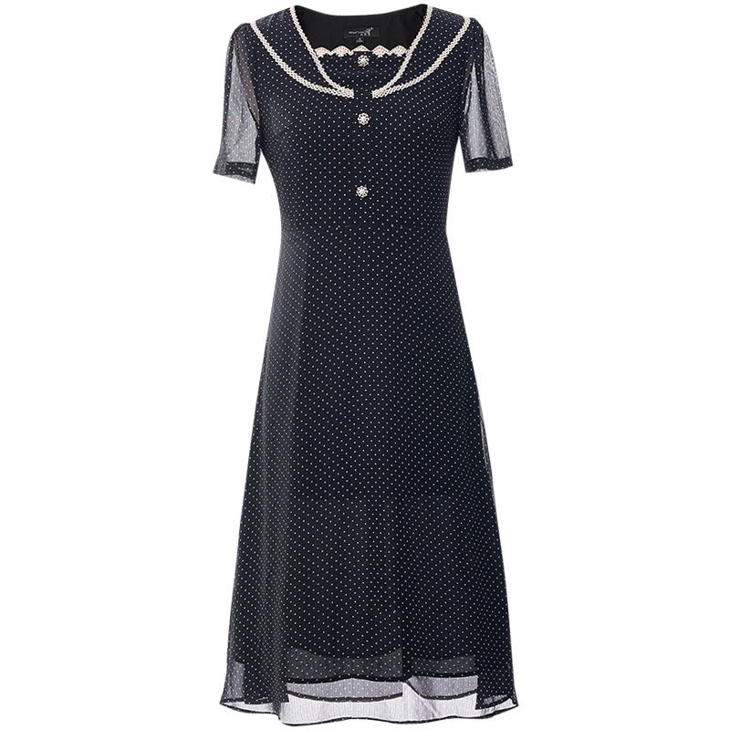 欧昵雪夏季气质方领收腰波点雪纺连衣裙女显瘦短袖a字裙