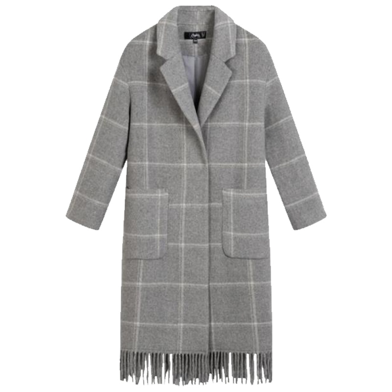 拉夏贝尔格子大衣女士冬长袖中长款流苏宽松冬季女装毛呢外套淑女