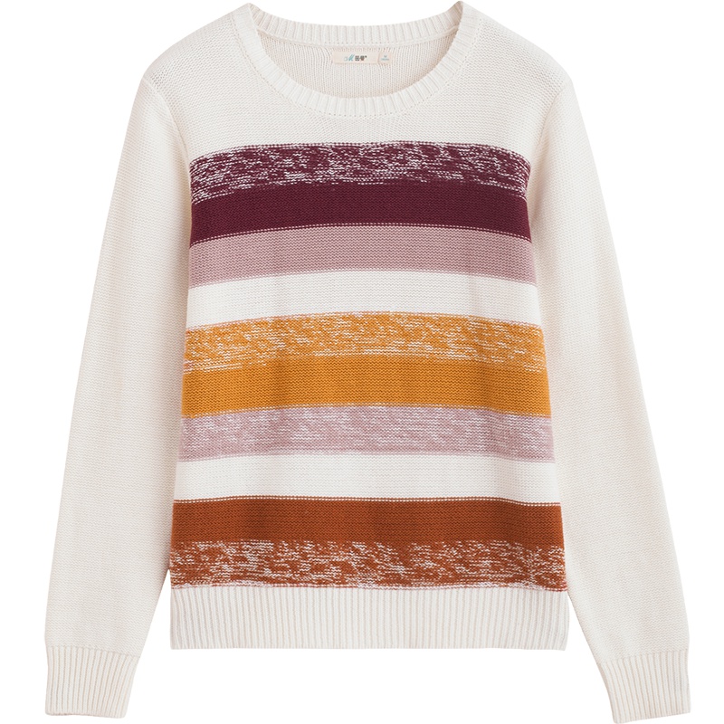 茵曼秋冬新款清新文艺圆领毛衣女套头休闲条纹保暖针织上衣