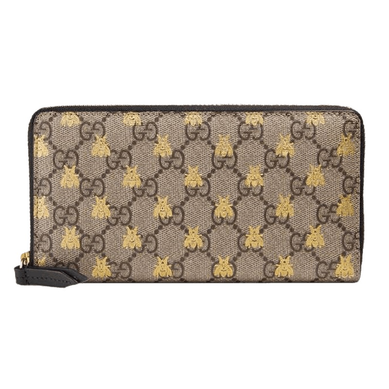 GUCCI 古驰钱包女士蜜蜂图案人造帆布全拉链式手拿包卡包手提包古奇奢侈品女包 米色/乌木色