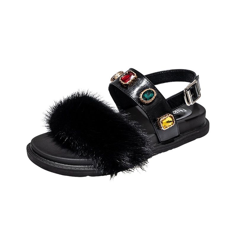 马克华菲女鞋水钻凉鞋女2019夏季新款百搭平底貂毛外穿仙女风学生可爱沙滩鞋