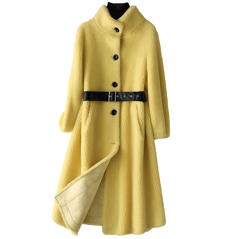 憨厚皇后2019新款海宁皮反季时尚长款羊毛女装外套羊剪毛大衣W