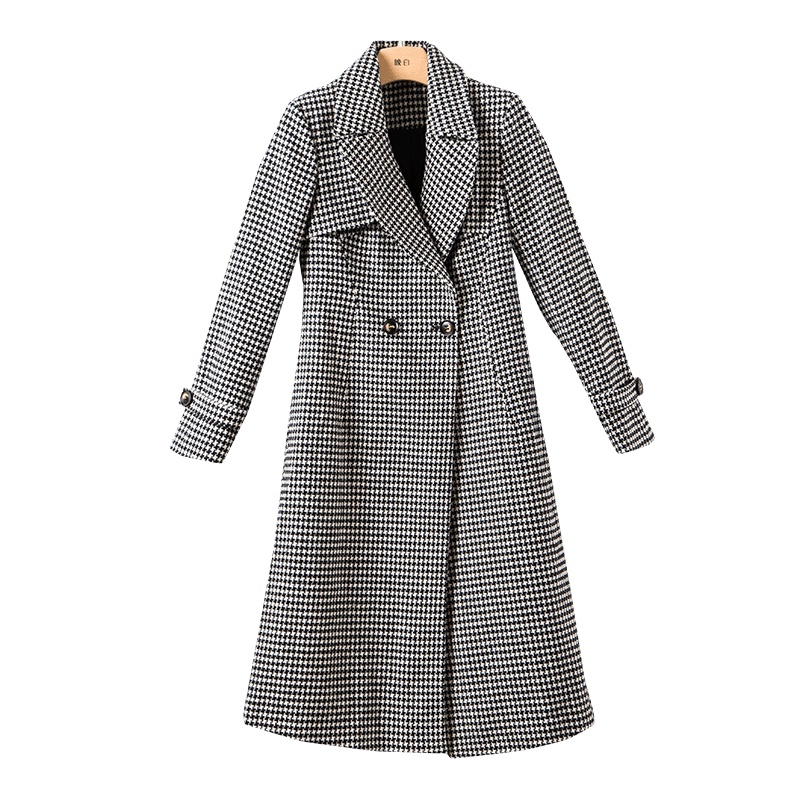 晚白2020冬新品时尚百搭修身显瘦千鸟格中长款西装毛呢大衣外套女