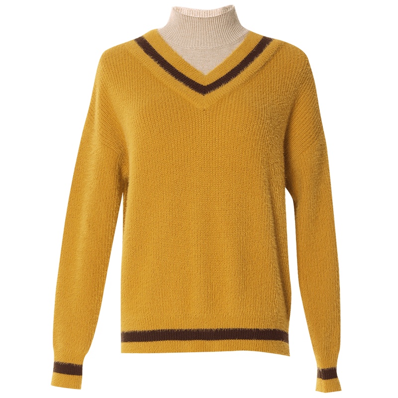 OUNIXUE欧昵雪 | 秋冬高领套头假两件撞色加厚打底针织衫时尚套头女士长袖毛衣