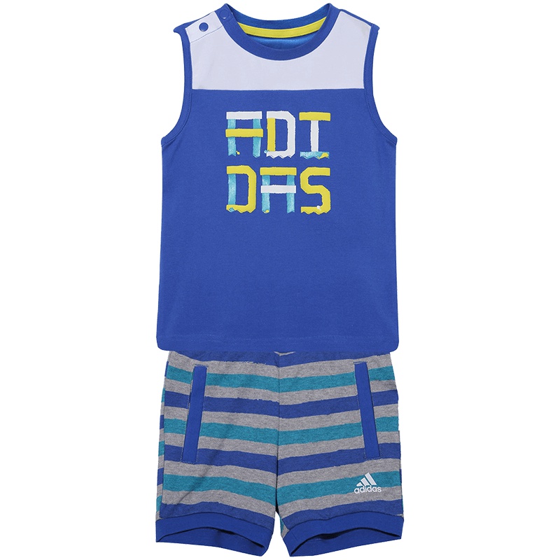 【自营】adidas阿迪达斯童运动服男服婴童0-4岁短袖套装BJ8103 92 BJ8103蓝+白中麻灰+白