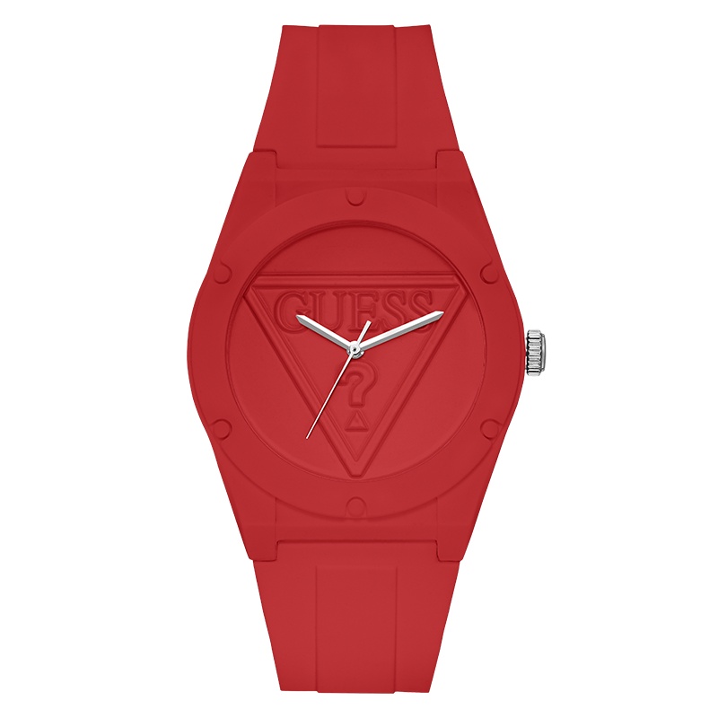 GUESS倒三角LOGO浮雕红色石英硅胶腕表W0979L3
