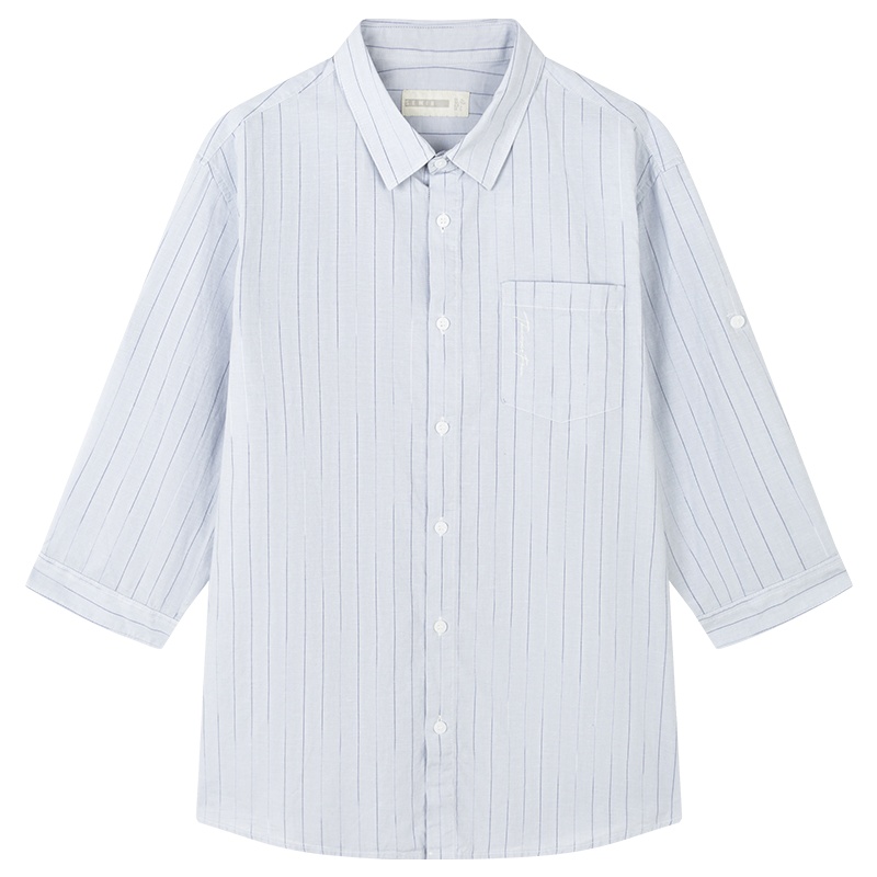 【满198减100预估价：49】森马衬衫男2021夏季新款男士七分袖条纹衬衣男生日系亚麻上衣外套