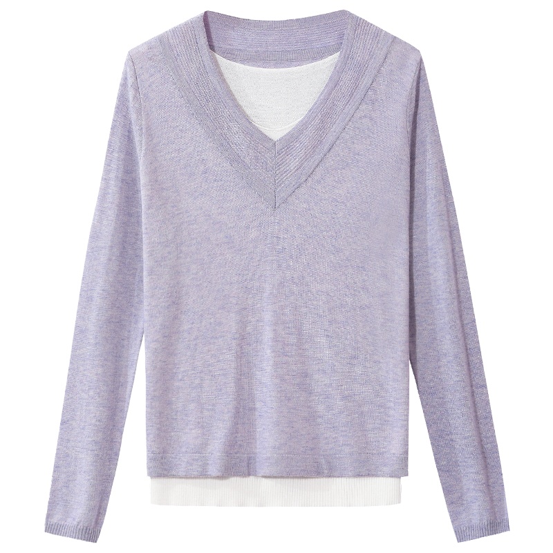 OSA春装2021年新款女紫色v领针织打底衫上衣小香风洋气毛衣
