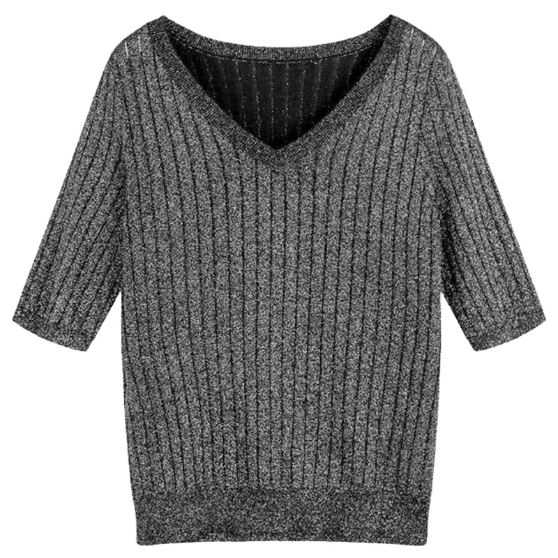 【热卖】黑色打底衫女2019春季新款套头修身打底衫紧身v领五分袖针织衫女10015863