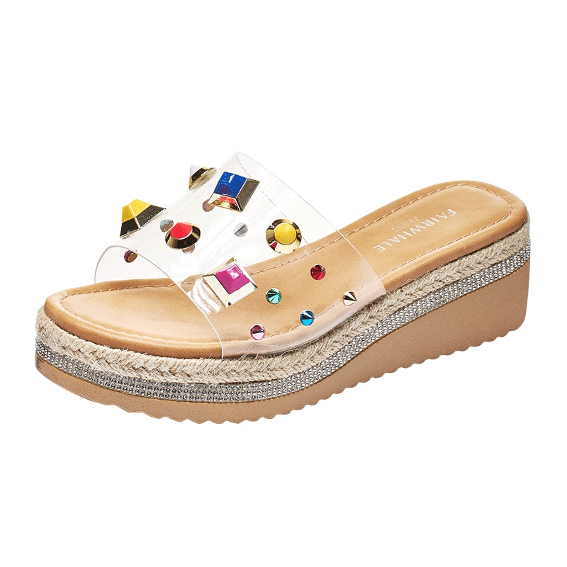 马克华菲凉拖鞋女2020新款松糕厚底透明水钻时尚外穿度假沙滩拖